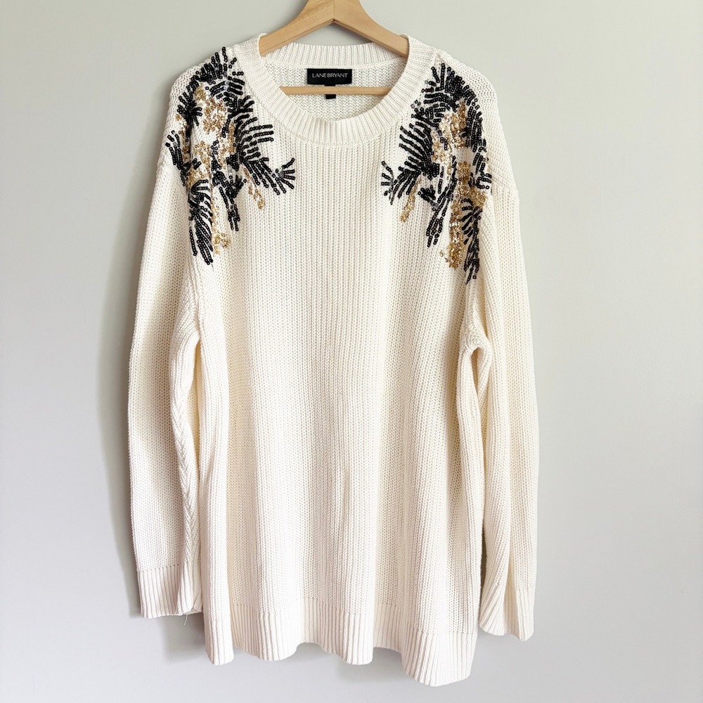 Lane Bryant Sequin Embellished Shaker Knit Sweater 22/24 Cream White Gold Black